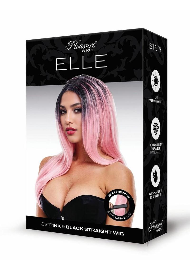 Pleasure Wigs Collection Ella Wig Black and Pink in stylish packaging featuring a model with pink and black hair.