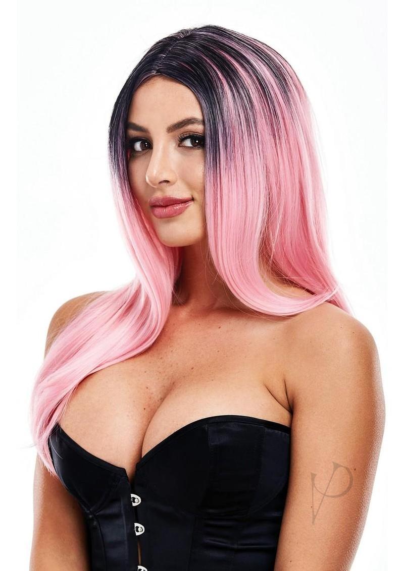 Pleasure Wigs Collection Ella Wig Black and Pink worn by a model showcasing its vibrant colors and style.