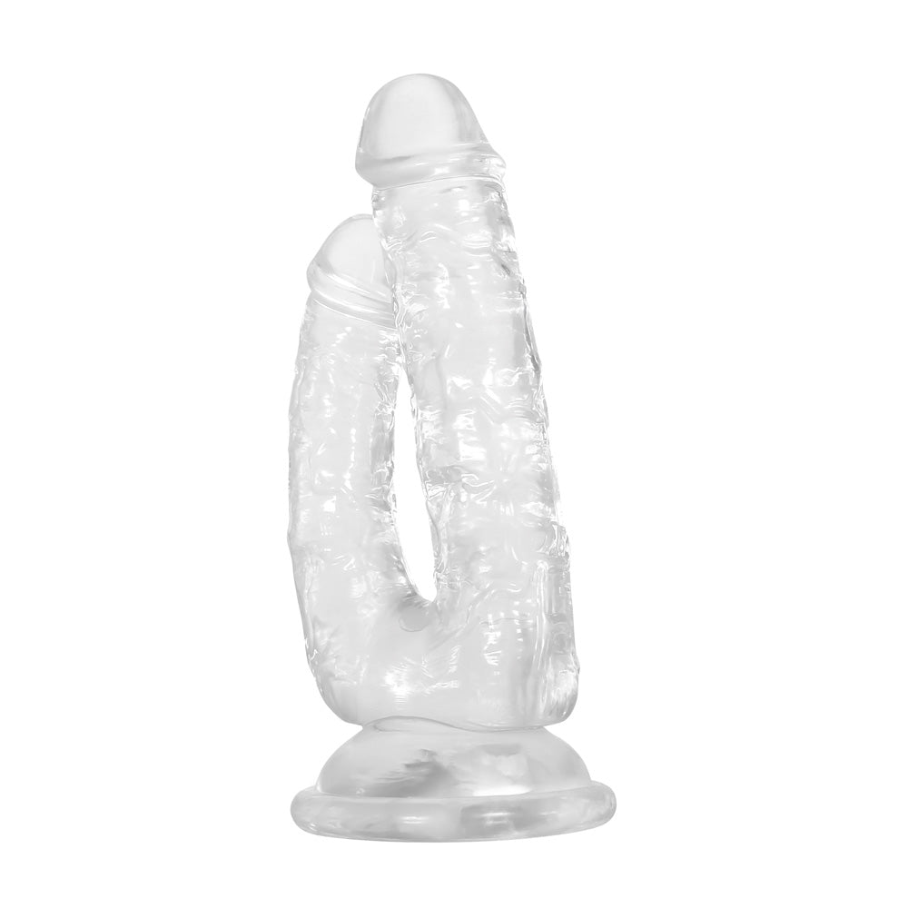 Gender X Dualistic Clear Double Shaft Suction Cup Dildo showcasing two shafts for versatile pleasure.