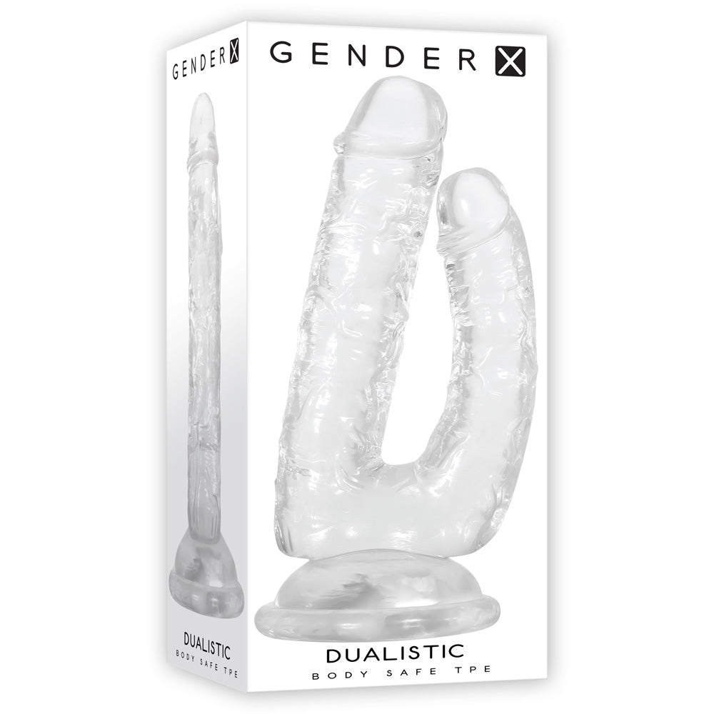 Gender X Dualistic Clear Double Shaft Suction Cup Dildo in transparent packaging with dual shafts.
