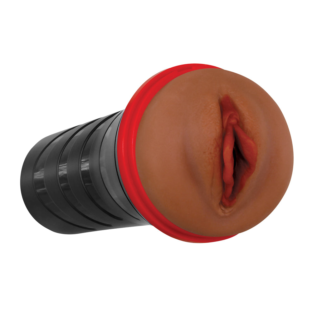 Zero Tolerance Pop On The Go Dark Vagina Stroker in a discreet canister for realistic solo pleasure.