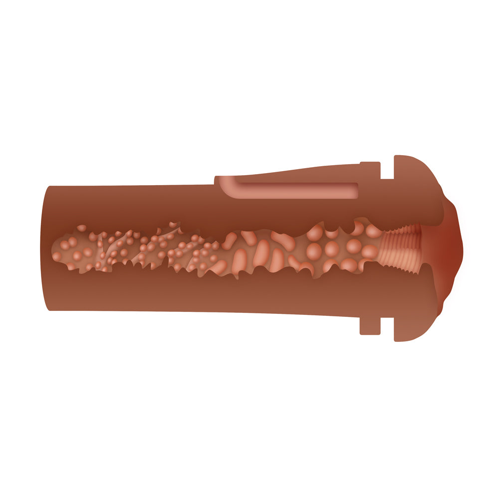 Zero Tolerance Pop On The Go Dark Vagina Stroker showing lifelike inner texture for enhanced pleasure.