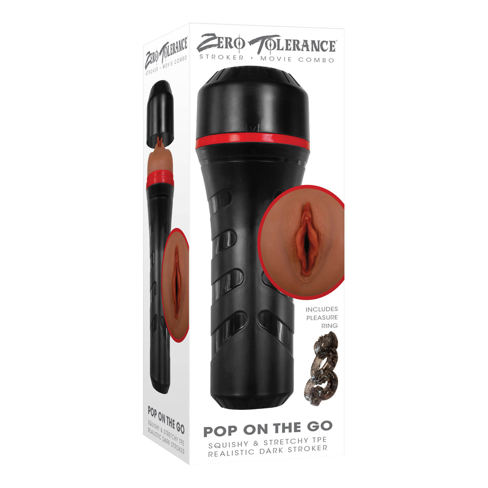 Zero Tolerance Pop On The Go Dark Vagina Stroker in ergonomic canister with realistic entry.