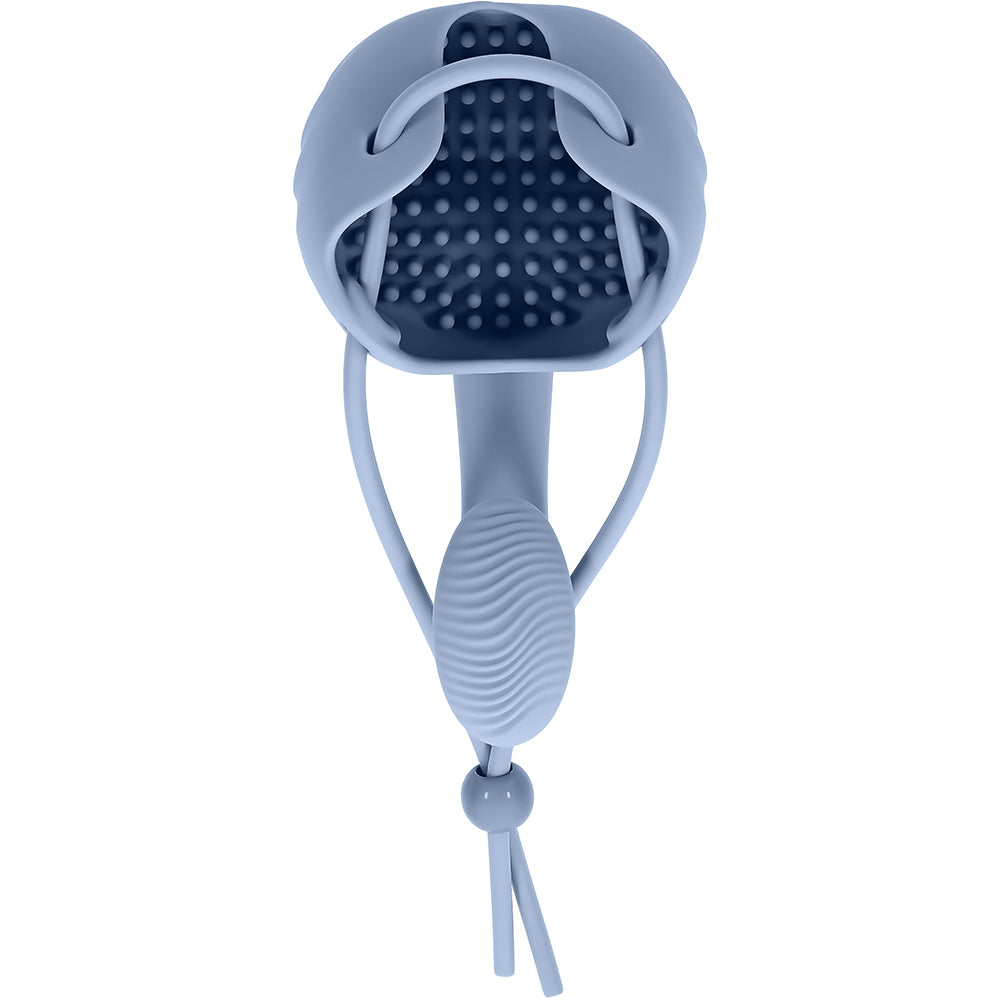 Zero Tolerance In A Nutshell Vibrating Ball Massager Blue close-up view highlighting its ergonomic design and features.