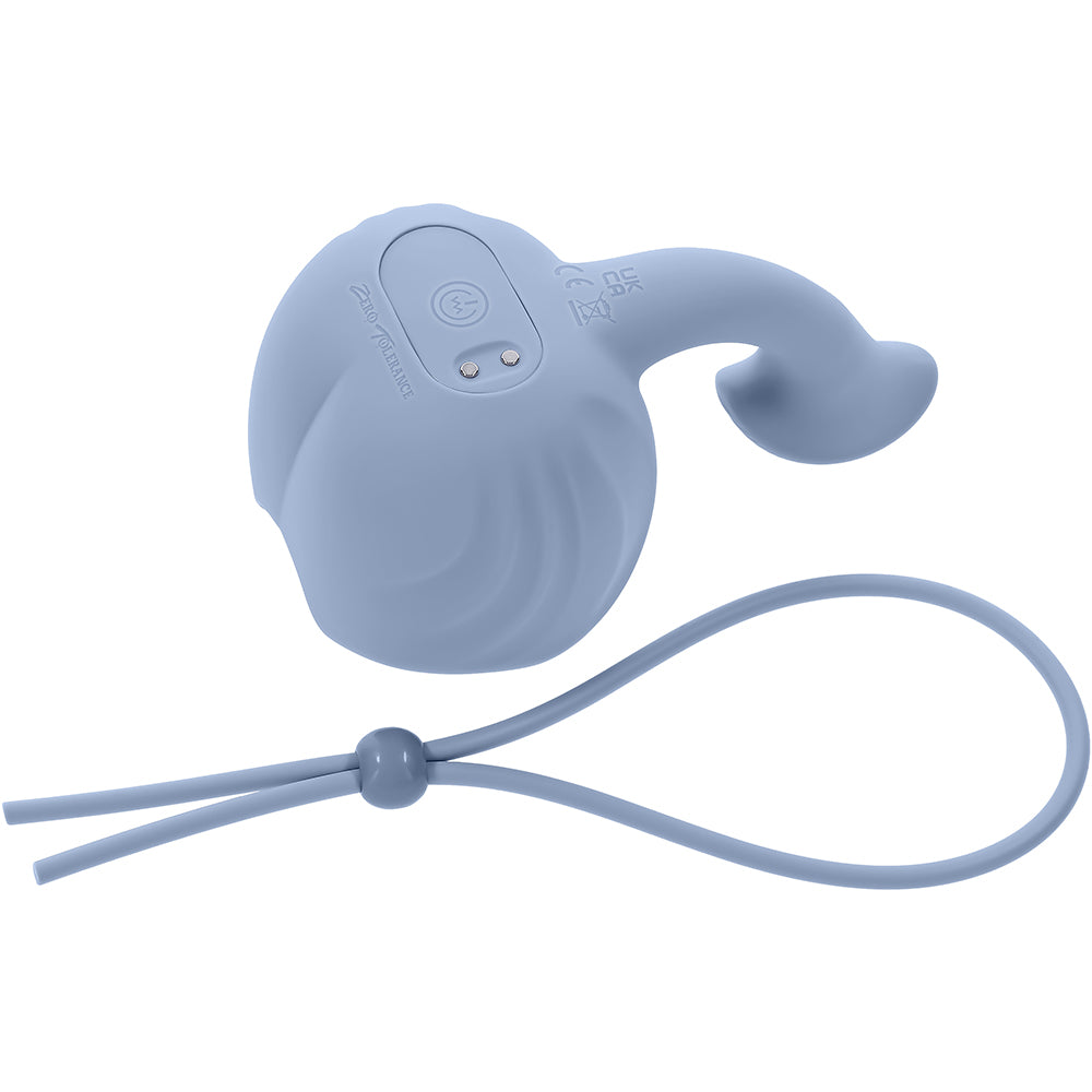 Zero Tolerance In A Nutshell Vibrating Ball Massager Blue shown from above with adjustable strap and ergonomic design.