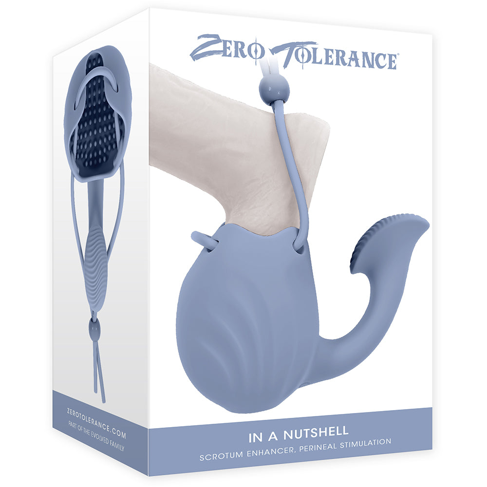 Zero Tolerance In A Nutshell Vibrating Ball Massager Blue packaging showcasing the wearable massager design.