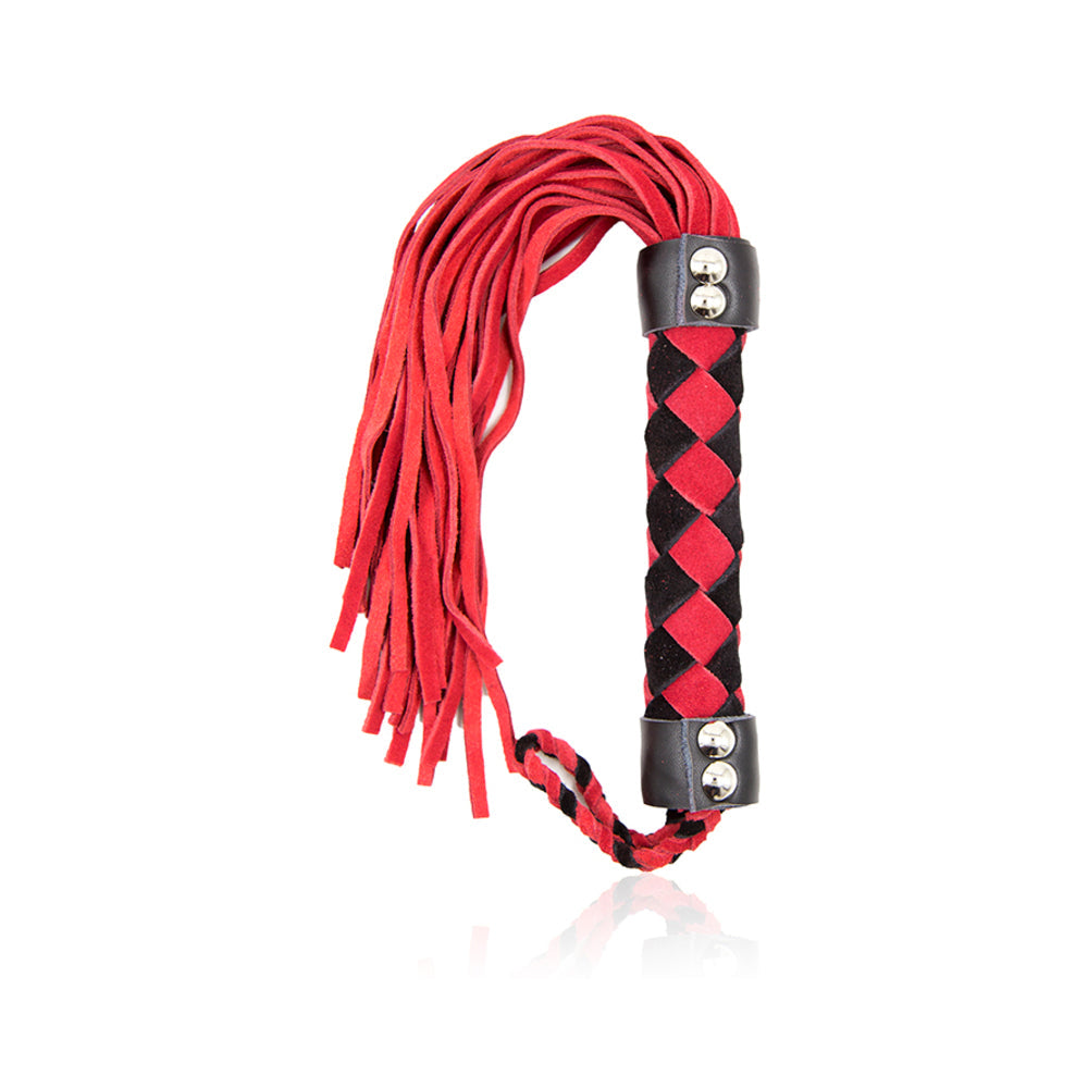 Ple'sur 15.5 Inch Leather Flogger Red with polished suede leather tails in rich red finish for gentle teasing.