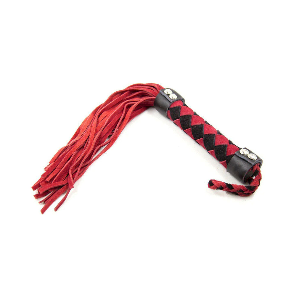 Ple'sur 15.5 Inch Leather Flogger Red with polished suede leather tails, designed for gentle teasing and varied sensations.