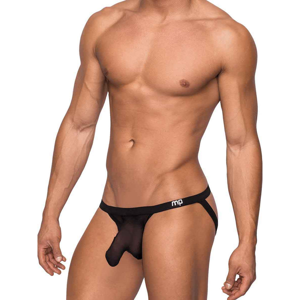 Male Power Hoser Hose Jock Strap Black S/M showcased on a male model, highlighting its bold design and sheer fabric.