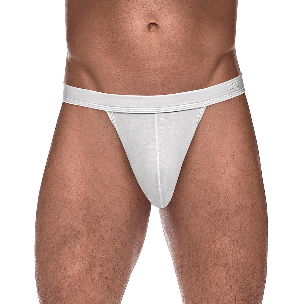 Male Power Pure Comfort Modal Sport Jock White S/M front view on a model, showcasing its minimal design and comfort.