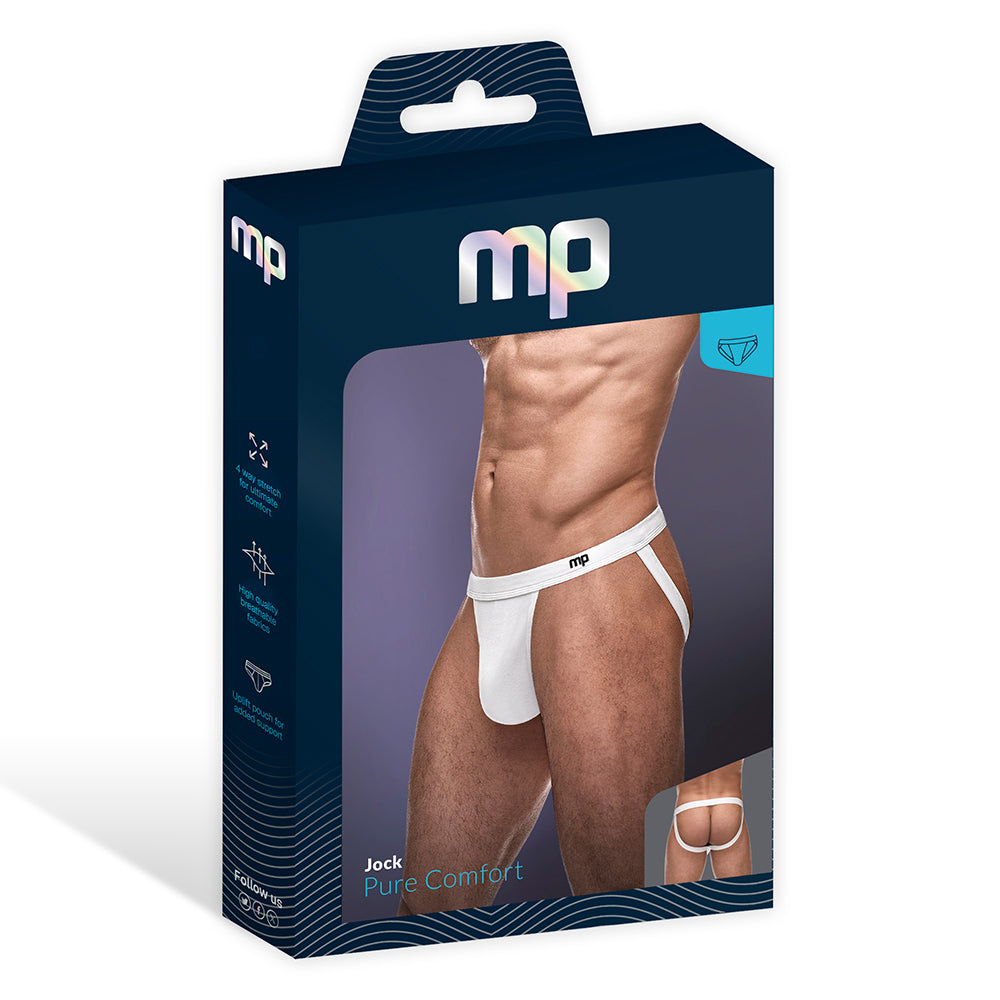 Male Power Pure Comfort Modal Sport Jock White S/M packaging featuring a male model showcasing the jock's design and fit.
