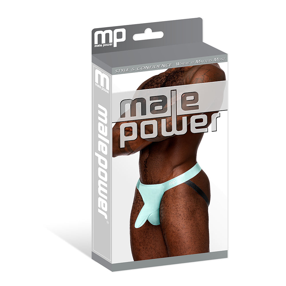 Male Power Easy Breezy Jock Sleeve Aqua L/XL packaging showcasing bold design and body-defining fit.