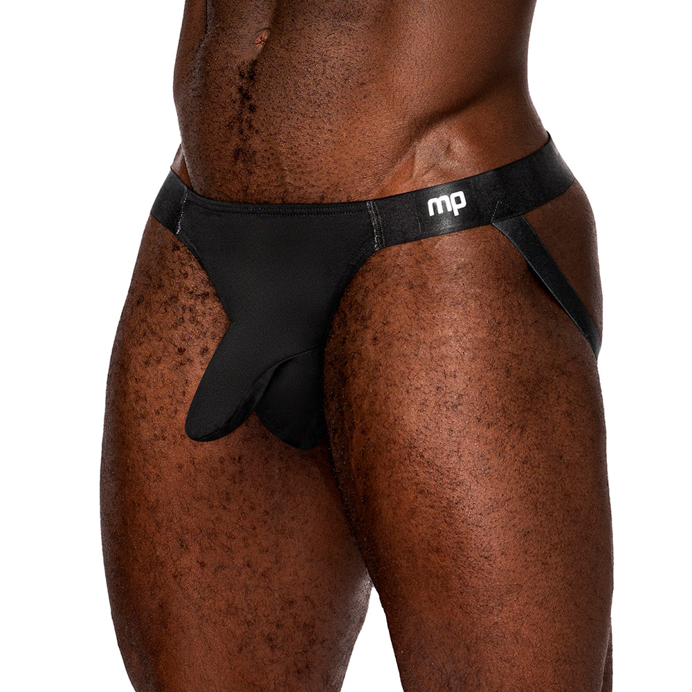 Male Power Easy Breezy Jock Sleeve Black S/M on model, showcasing sleek design and modern fit.