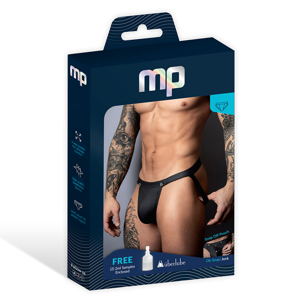 Male Power Oh Snap Snap Off Jock Strap Black L/XL package featuring modern design and snap-off pouch.