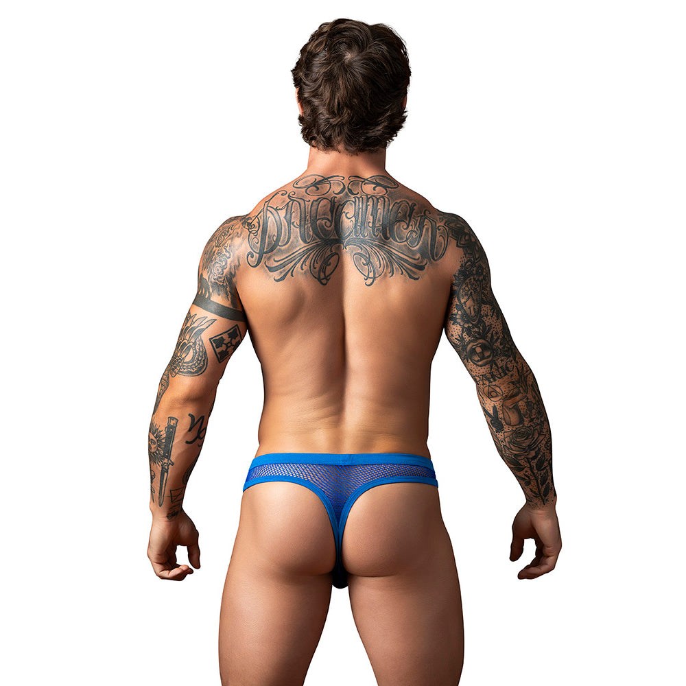 Model showcasing Male Power Fishnet 2.0 Bong Thong Royal L/XL in bold royal blue from the back.