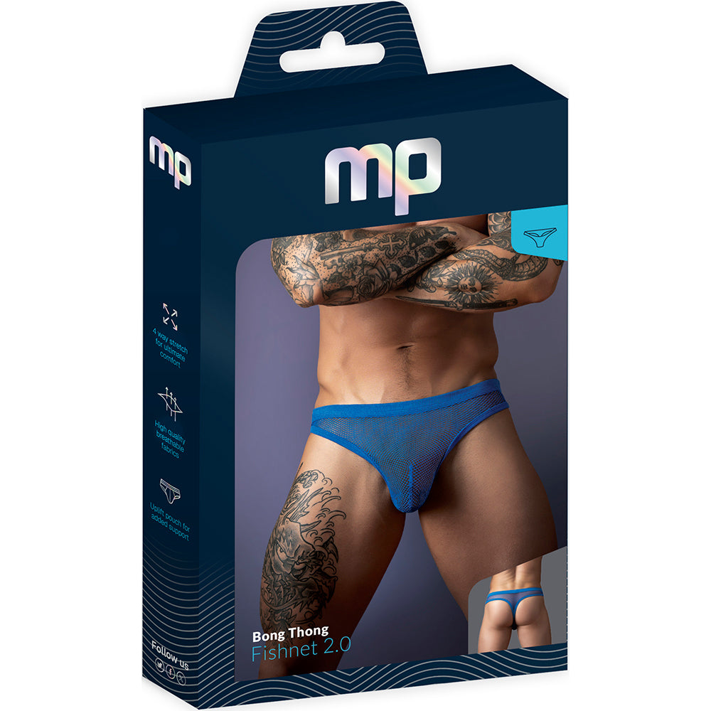 Male Power Fishnet 2.0 Bong Thong Royal L/XL packaging showcasing bold fishnet design in royal blue.