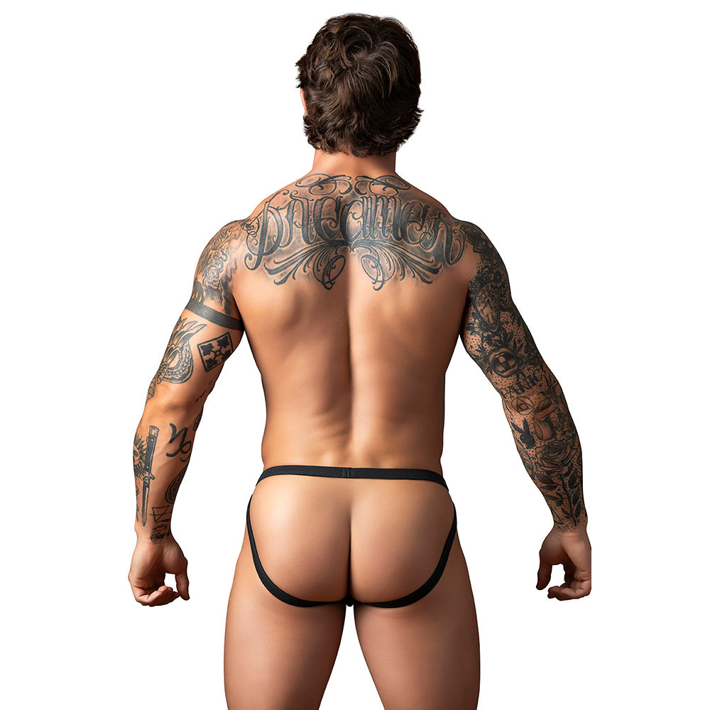 Male Power Fishnet 2.0 Jock Strap Black S/M showcased on a male model with tattoos from the back view.