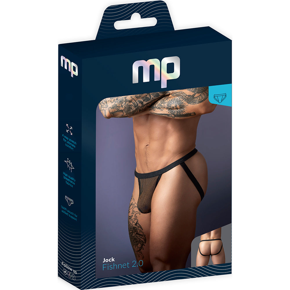 Male Power Fishnet 2.0 Jock Strap Black S/M packaging showcasing a stylish men's jock strap design.