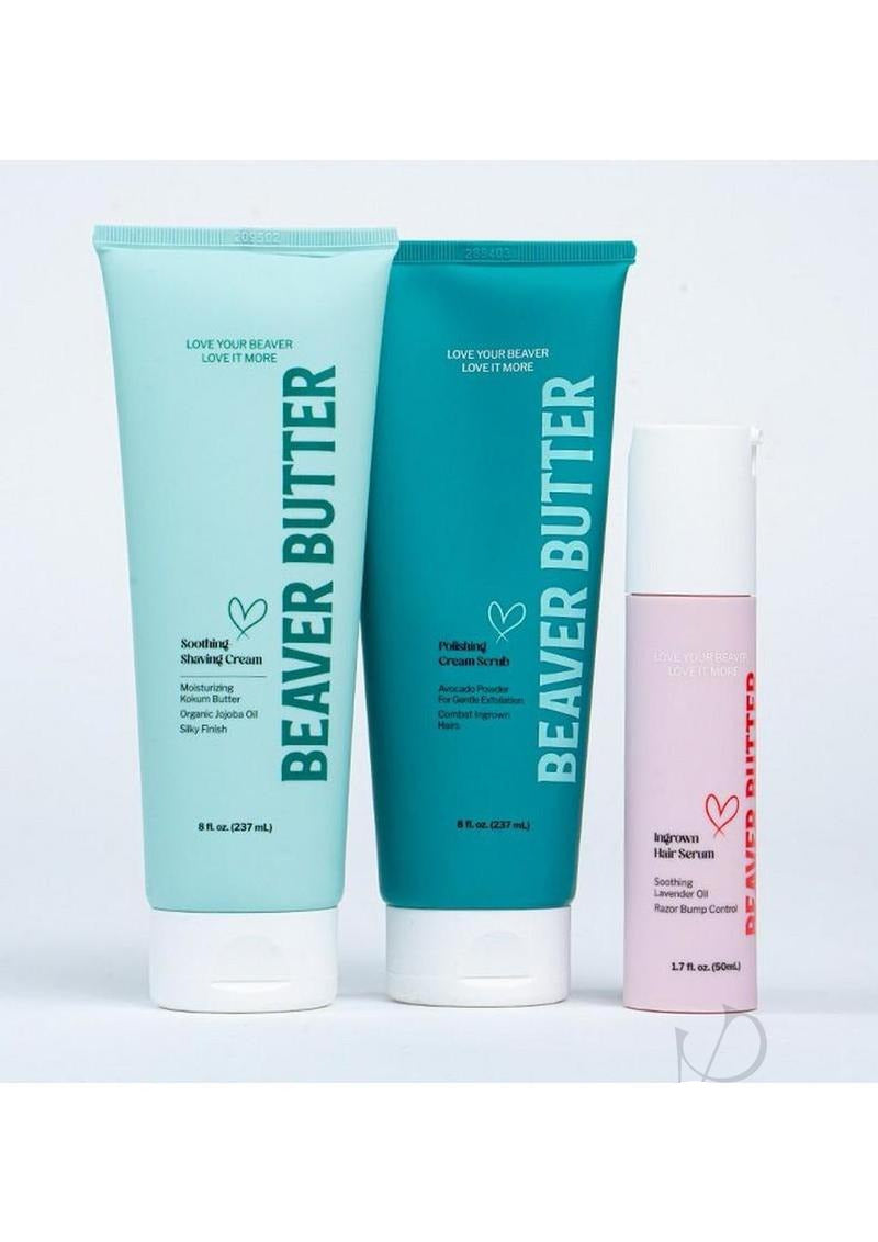 Beaver Butter Soothing Feminine Shaving Kit including shaving cream, exfoliant, and post-care treatment.