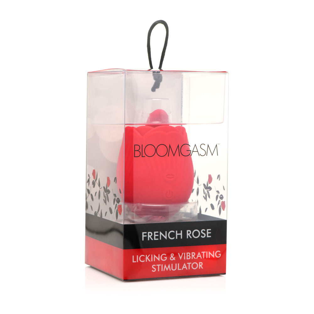 Bloomgasm French Rose Licking & Vibrating Stimulator in clear packaging showcasing its elegant design.