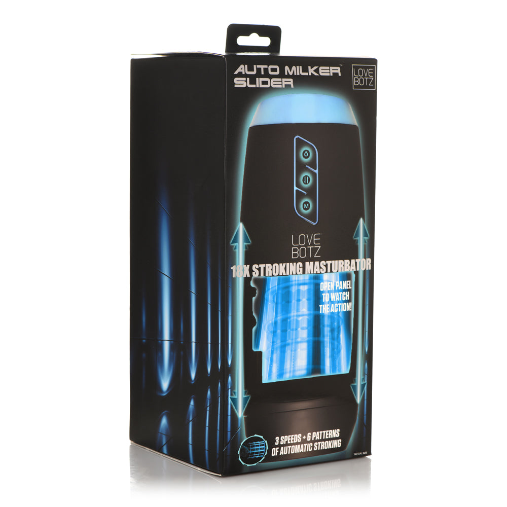 Lovebotz The Milker Slider 18x Stroking Masturbator packaging showcasing features and functions.