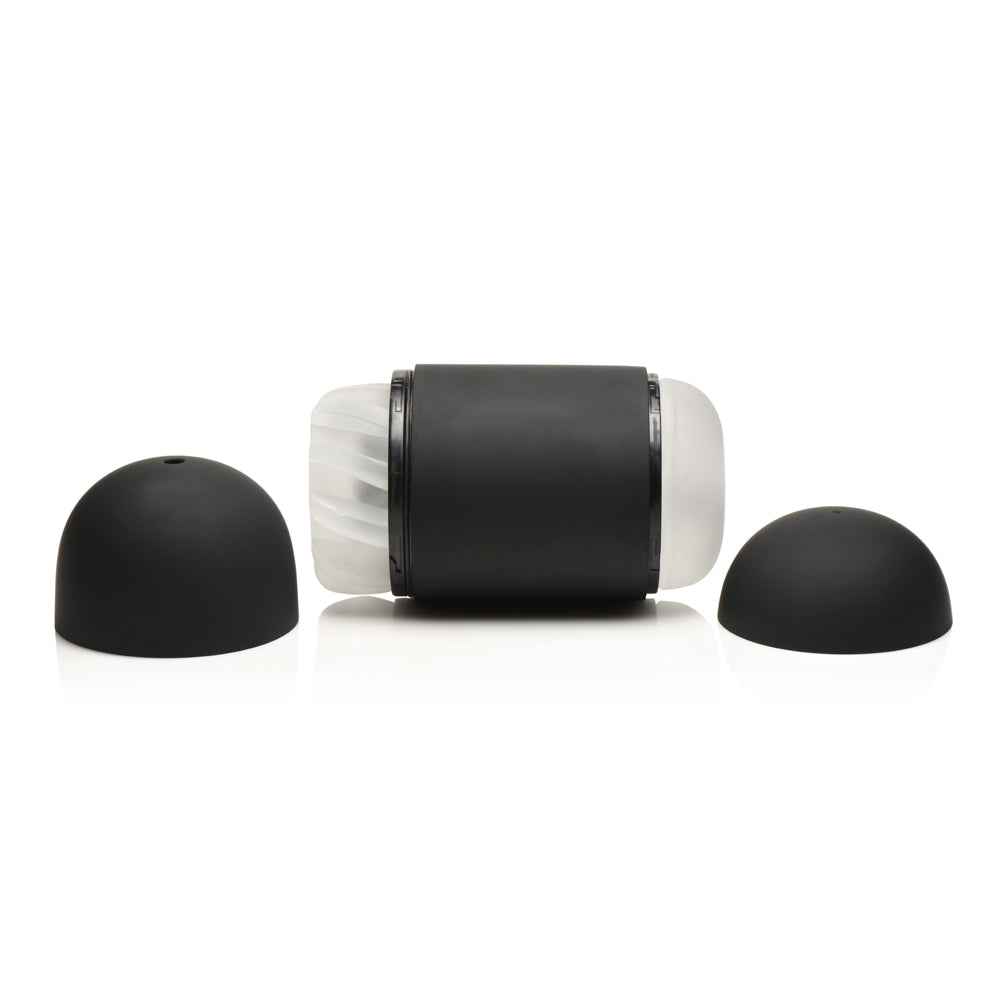 Lovebotz The Milker Mega-pod Sucking Masturbator shown with removable soft sleeve and interchangeable textured caps.