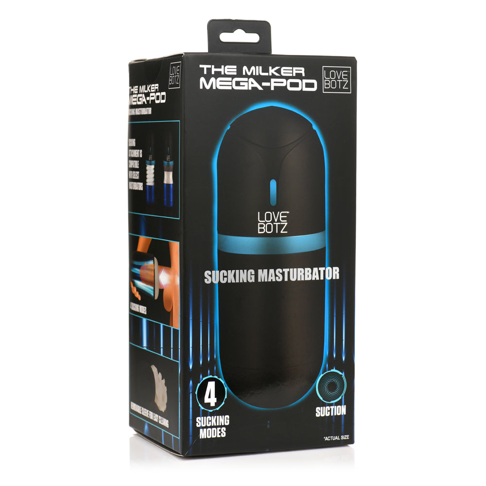 Lovebotz The Milker Mega-pod Sucking Masturbator packaging showcasing suction technology and adjustable modes.