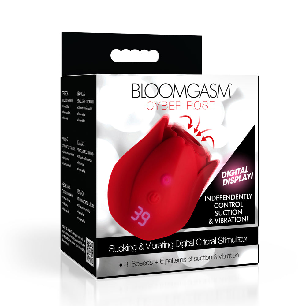 Bloomgasm Cyber Rose 9x Sucking & Vibrating Digital Clitoral Stimulator in elegant packaging with digital display.
