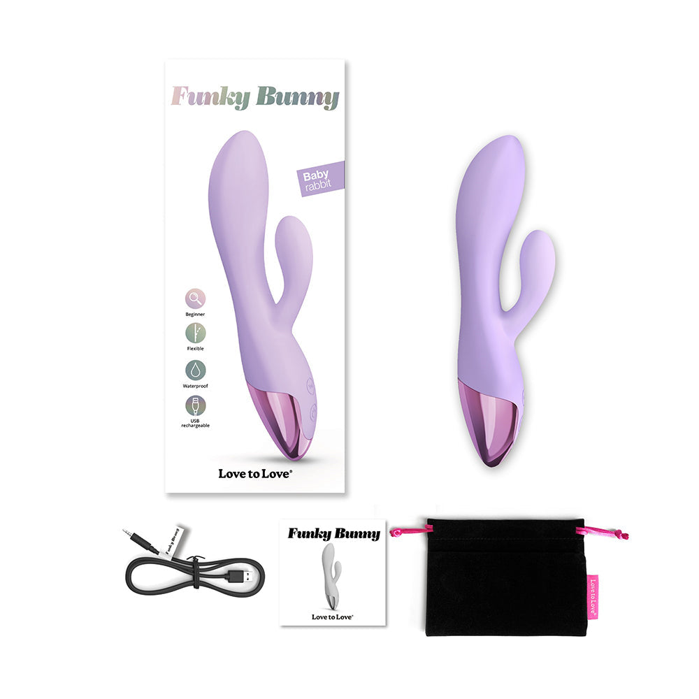Love To Love Funky Bunny Baby Rabbit Vibrator Viva Mauve with packaging, USB cable, user guide, and storage pouch.