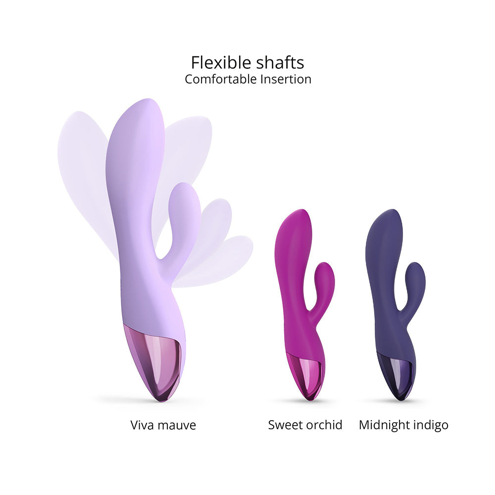 Love To Love Funky Bunny Baby Rabbit Vibrator Viva Mauve alongside Sweet Orchid and Midnight Indigo vibrators.