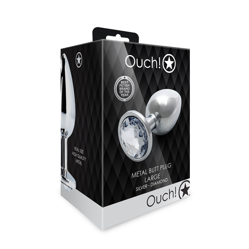 Ouch Round Gem Butt Plug Large Silver Diamond packaging showcasing a sleek metal design and a sparkling gem base.