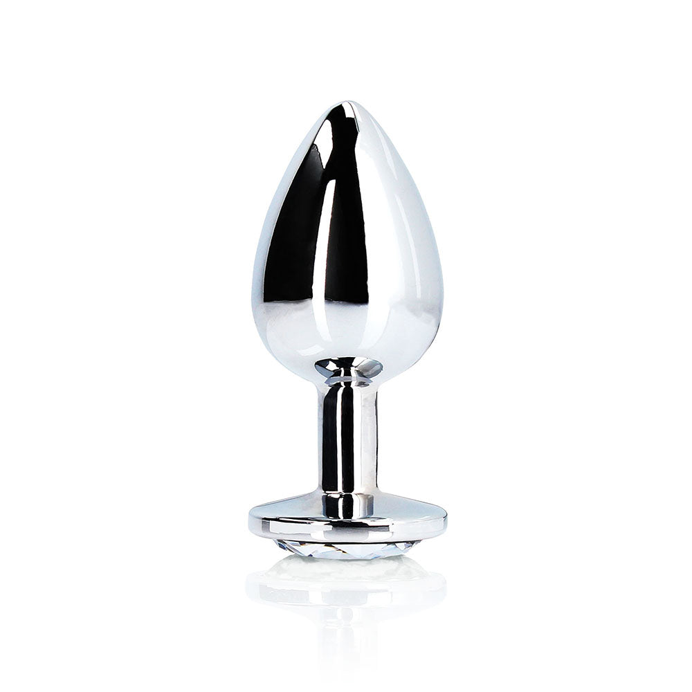 Ouch Round Gem Butt Plug Large Silver Diamond with sleek metal body and jewel-encrusted base.