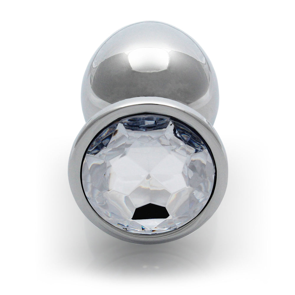 Ouch Round Gem Butt Plug Large Silver Diamond with a sparkling jewel-encrusted base and smooth metal body.