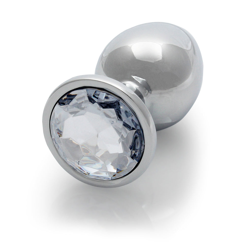 Ouch Round Gem Butt Plug Large Silver Diamond with sparkling jewel-encrusted base and smooth metal body.