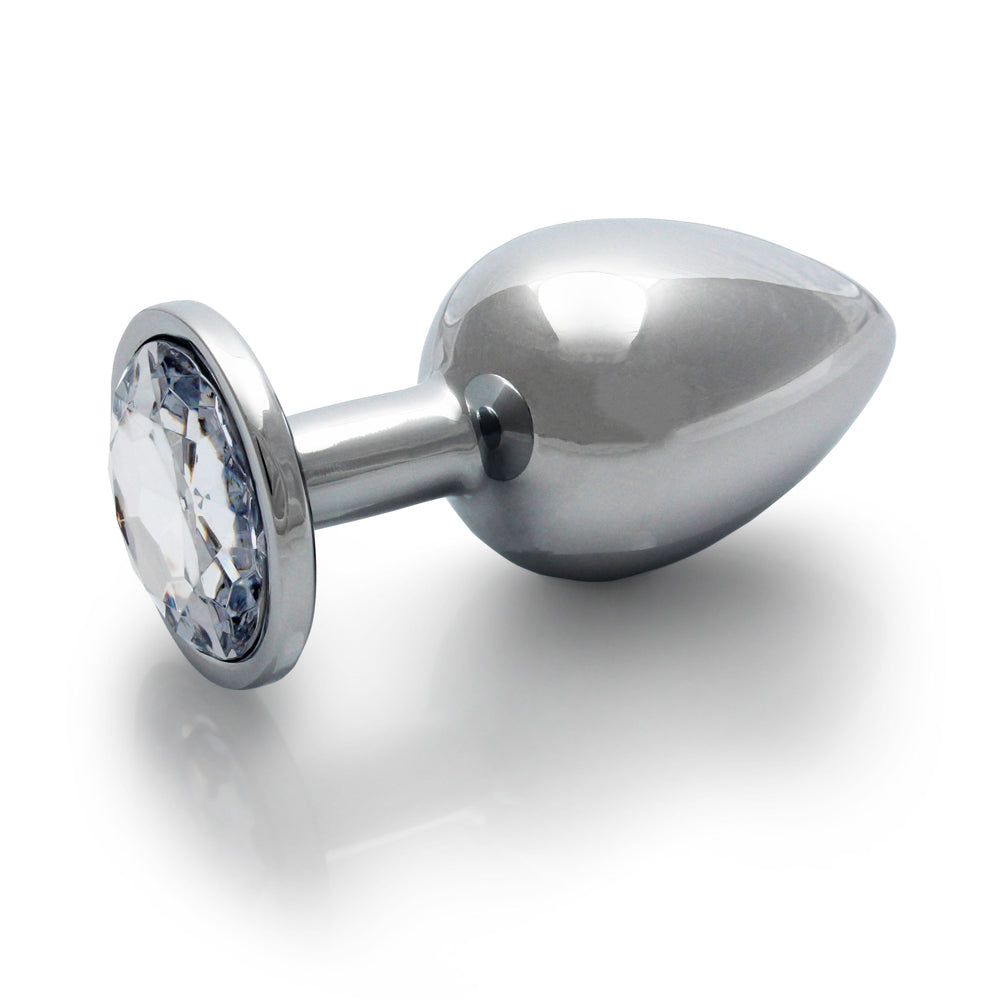 Ouch Round Gem Butt Plug Large Silver Diamond with shiny metal body and jewel-encrusted base.