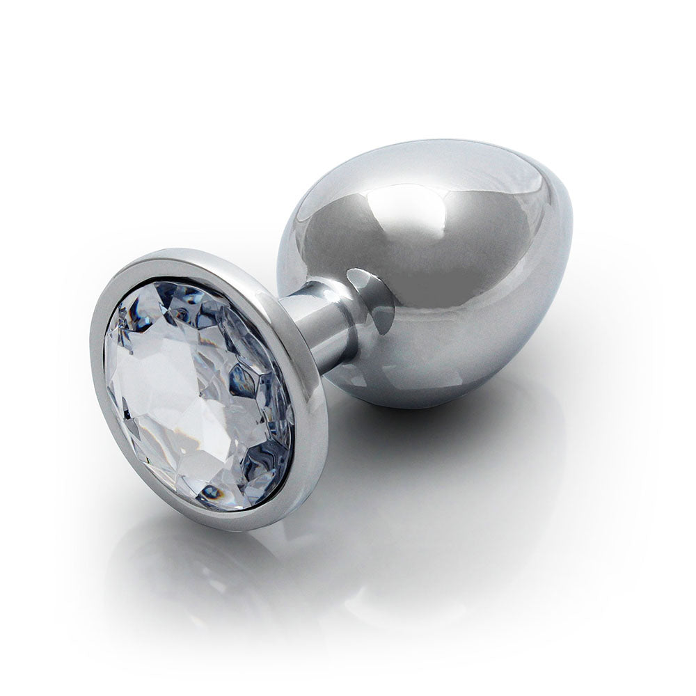 Ouch Round Gem Butt Plug Large Silver Diamond with a shiny metallic body and sparkling jewel-encrusted base.