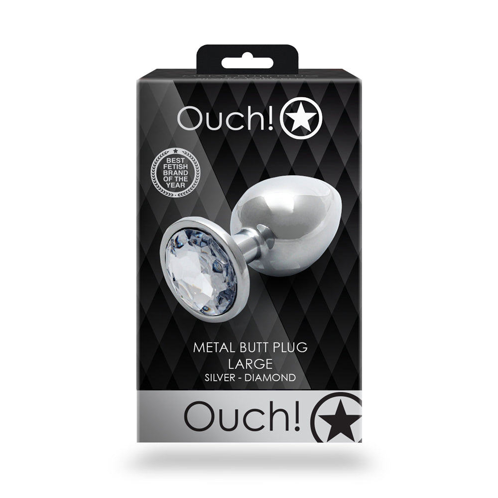 Ouch Round Gem Butt Plug Large Silver Diamond packaging featuring a sleek design and sparkling jewel in a stylish box.