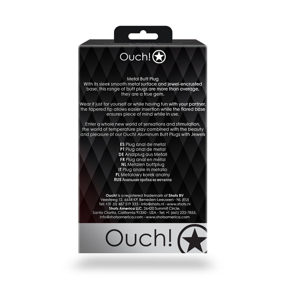 Ouch Round Gem Butt Plug Large Silver Diamond product packaging showcasing elegant design and features.