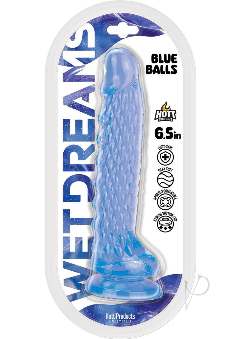Wet Dreams Blue Balls Silicone Dildo 6.5 Inch Blue in packaging with vibrant blue design and body-safe silicone.