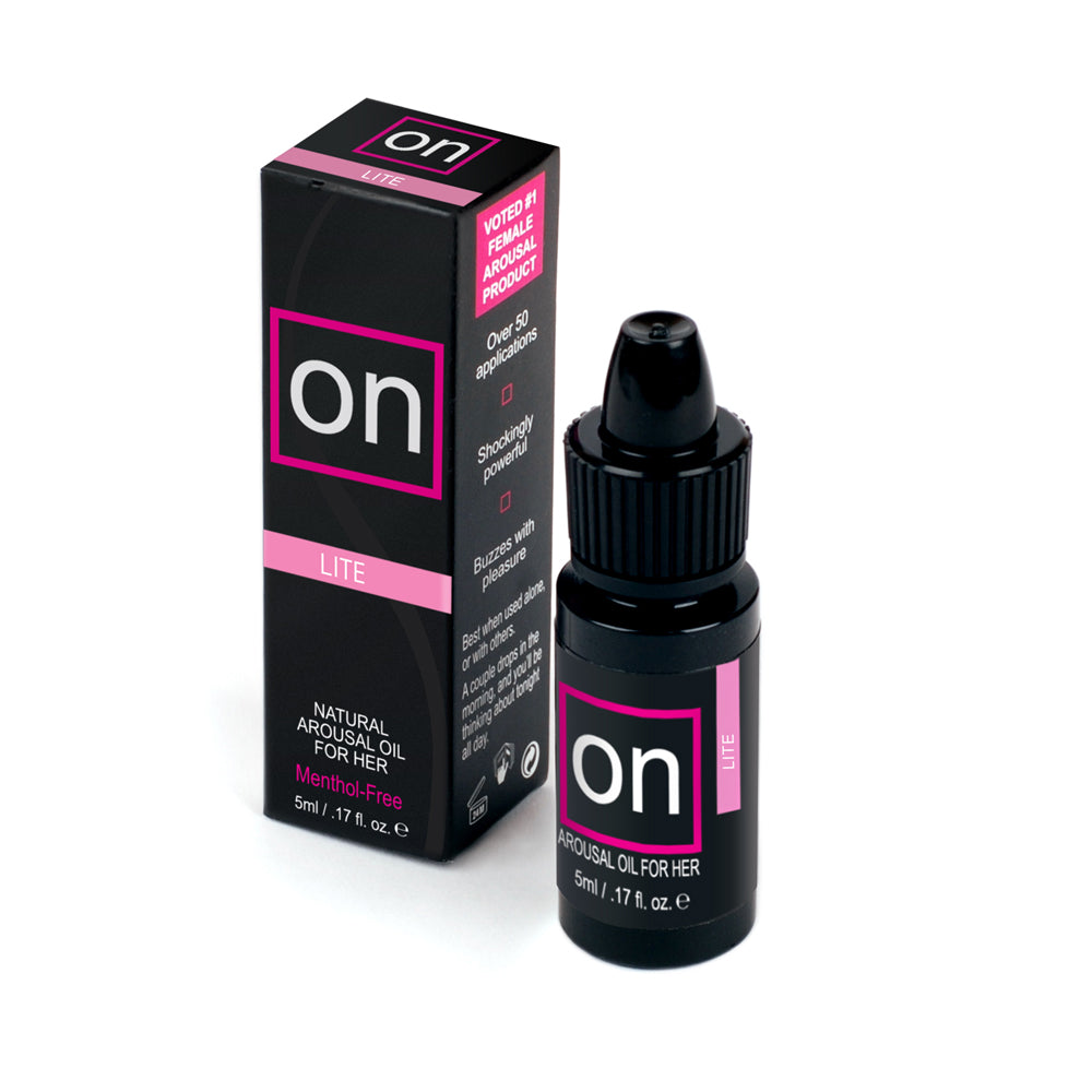 Sensuva On Lite Arousal Oil for Her 5 ml bottle and box on a white background.