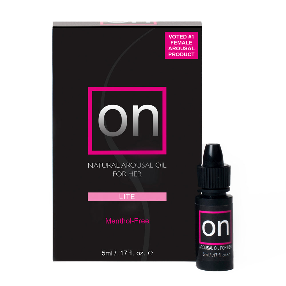 Sensuva On Lite Arousal Oil for Her 5 ml in a sleek bottle with box packaging showcasing the product.
