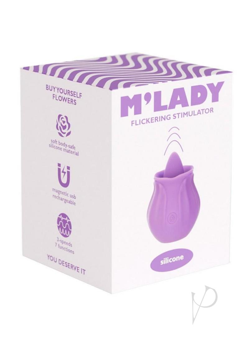 M'Lady Flickering Tongue Clitoral Stimulator Purple packaging featuring silicone design and features.