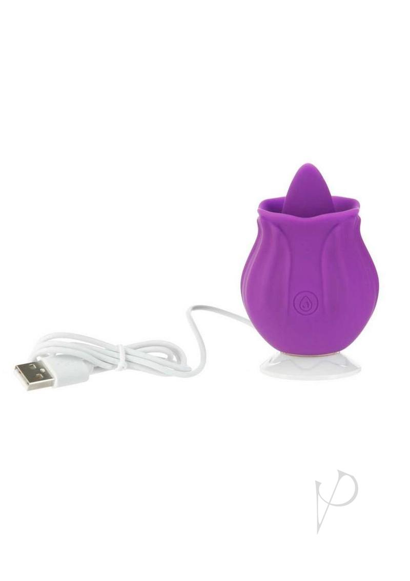 M'Lady Flickering Tongue Clitoral Stimulator Purple with USB charging cable, rose-shaped design for external stimulation.