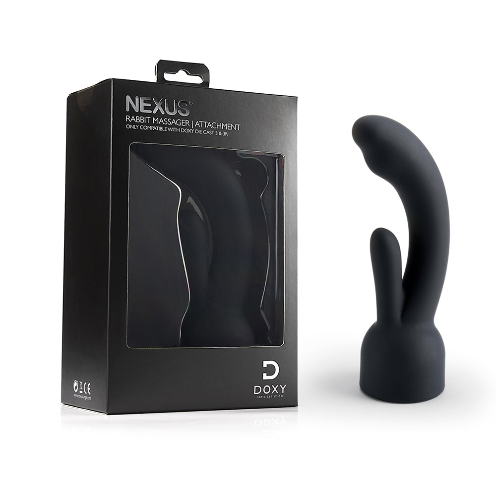 Doxy 3 Silicone Rabbit Wand Attachment Black in sleek packaging showcasing its unique design and features.