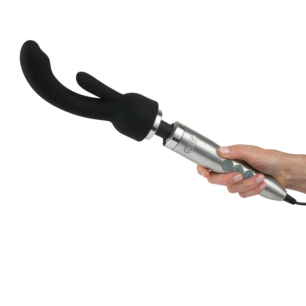 Doxy 3 Silicone Rabbit Wand Attachment Black held in hand, showcasing its sleek design and flexible silicone tip.
