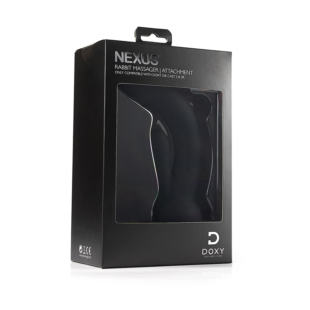 Doxy 3 Silicone Rabbit Wand Attachment Black packaging on display showcasing sleek design and branding.