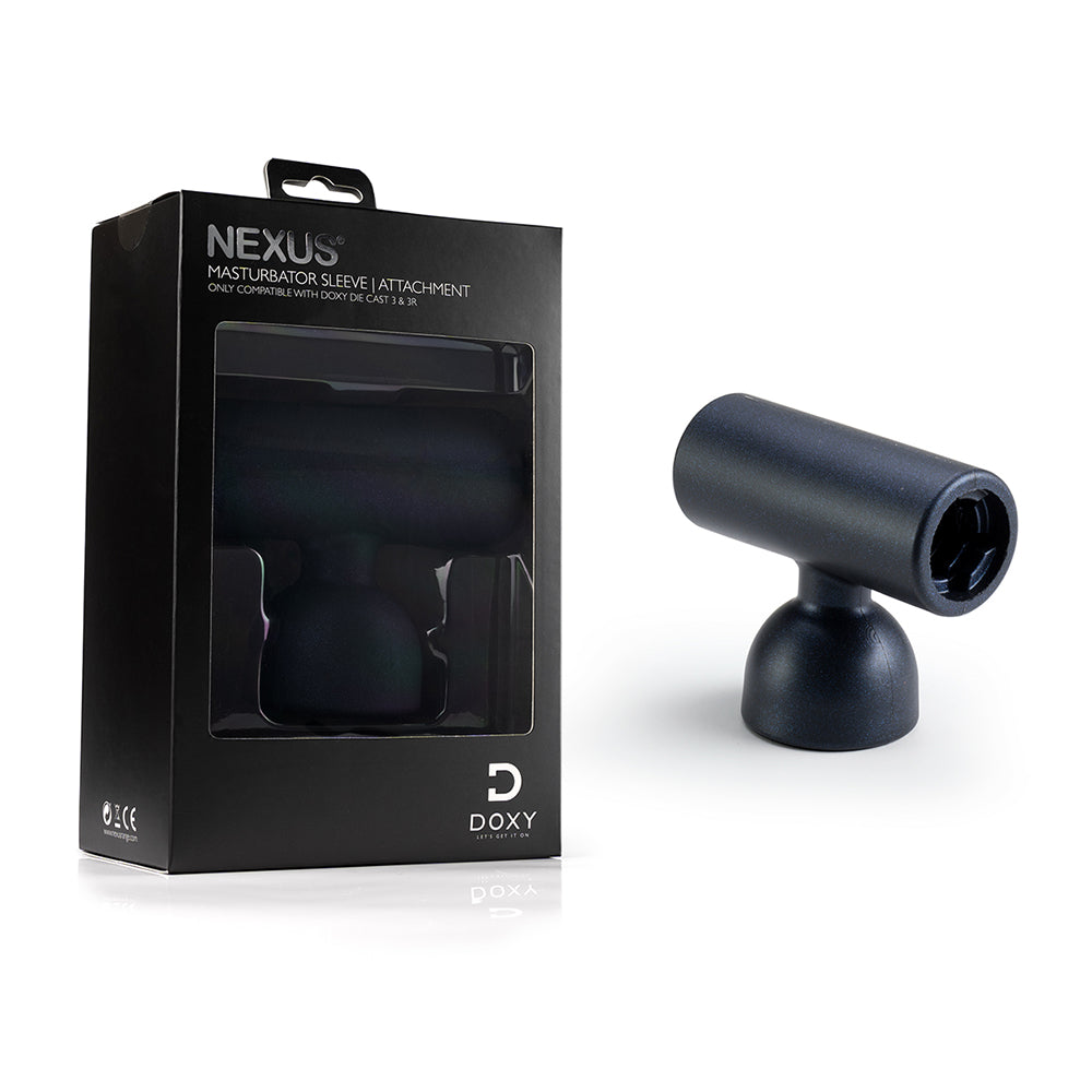 Doxy 3 Silicone Masturbator Wand Attachment Navy with box and product displayed.