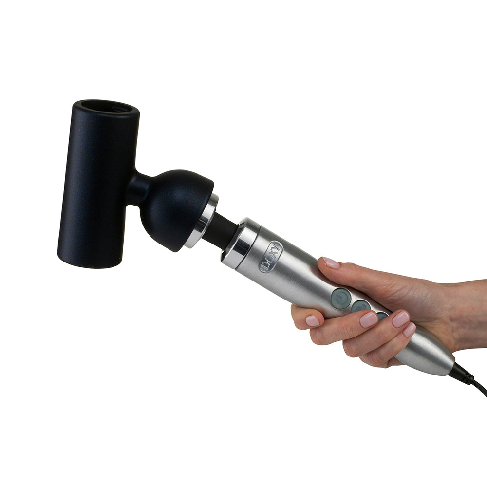 Doxy 3 Silicone Masturbator Wand Attachment Navy on a handheld massager with a sleek design.