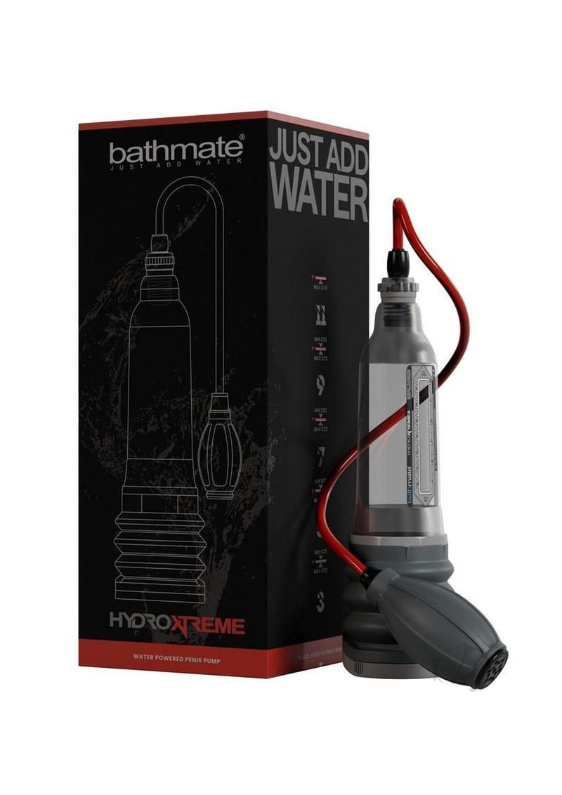 Bathmate HydroXtreme 6 Penis Pump packaging with pump and instructions for use.