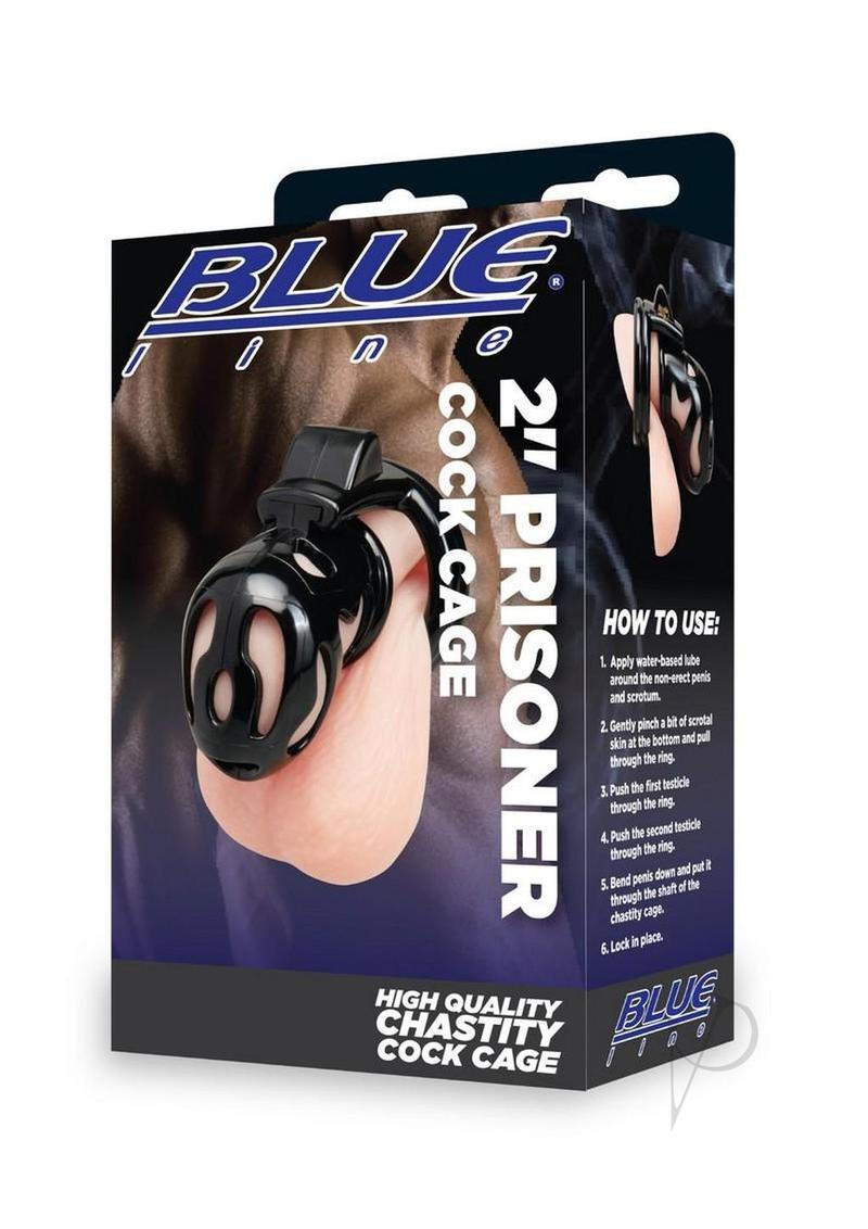 Blueline Prisoner 2 Inch Cock Cage Black packaging showcases a high-quality chastity device for control and anticipation.